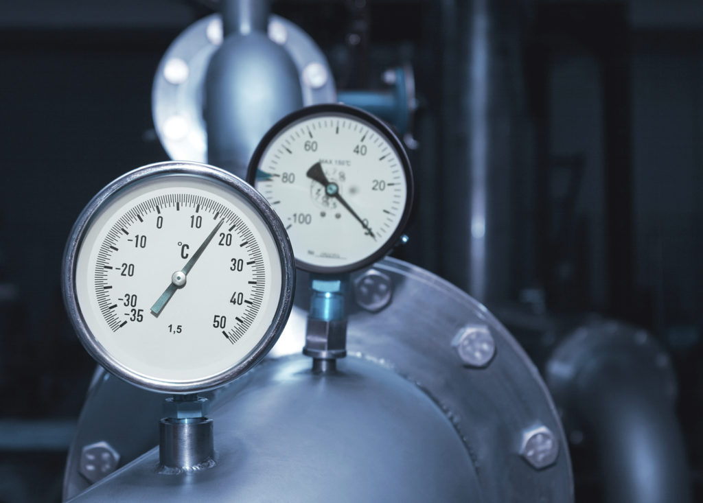 Industrial water temperature meter with pipes